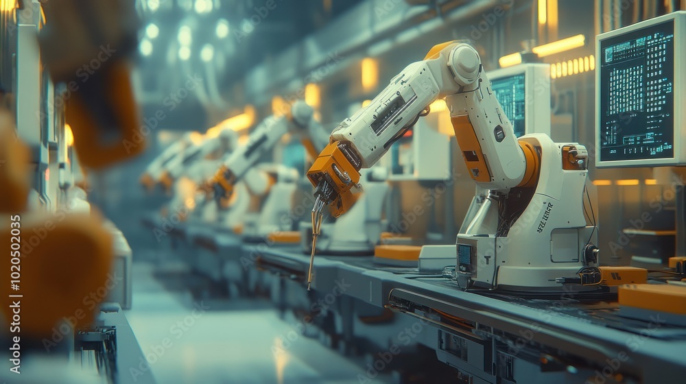 Poster a row of industrial robotic arms in an automated factory setting