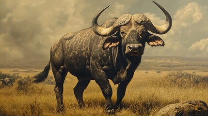 Obraz premium A powerful buffalo stands in a golden grassland under a dramatic sky.