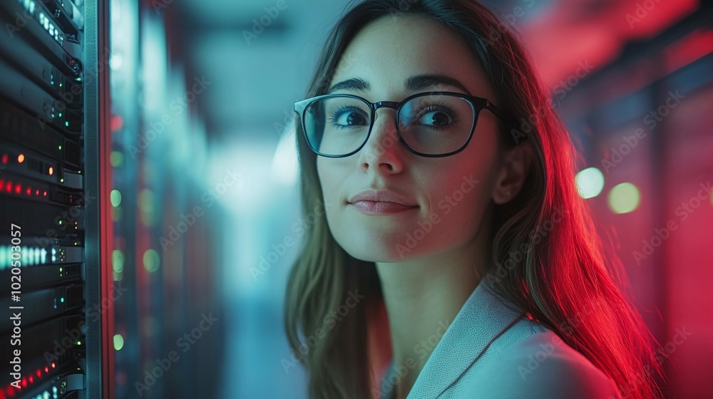 Poster female it professional in a technologically advanced server room discussing servers and network syst