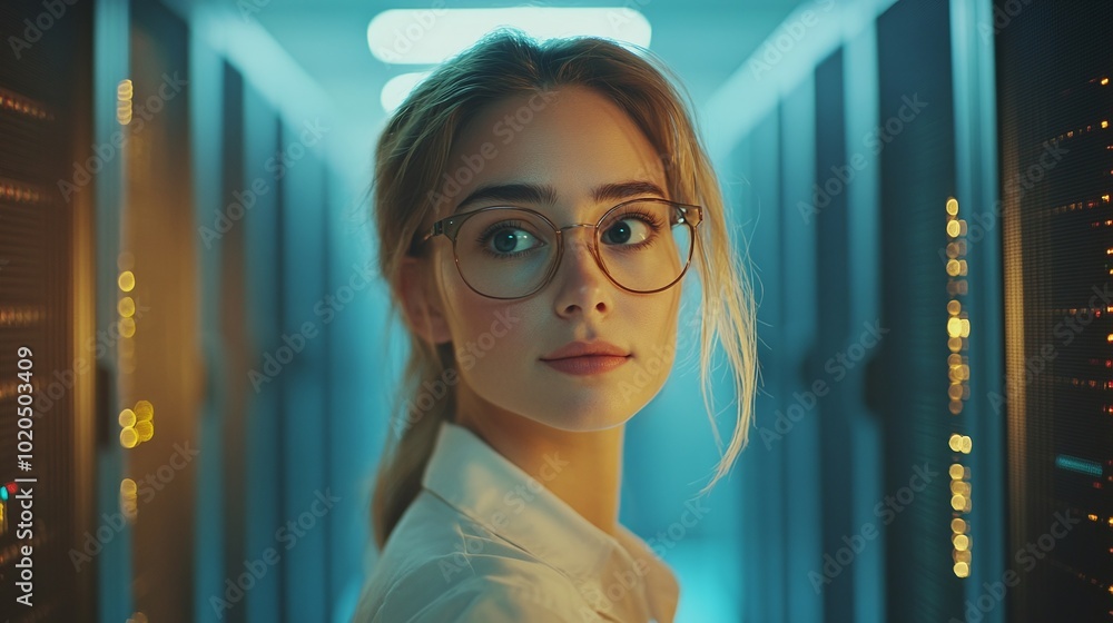 Poster female it professional in a technologically advanced server room discussing servers and network syst