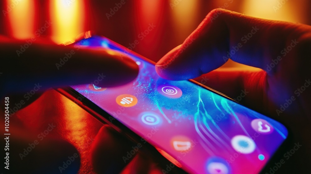 Poster close-up of a hand interacting with a smartphone screen with neon lights in the background