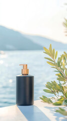 Fototapeta premium Luxurious black bottle with pump near water and greenery, evoking tranquility