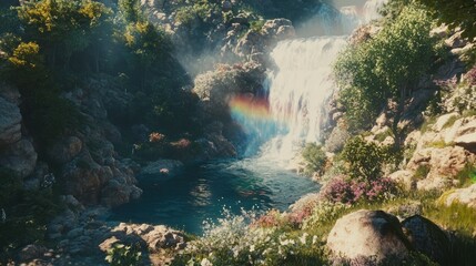 Obraz premium A serene waterfall scene with a rainbow, surrounded by lush greenery and vibrant flowers.