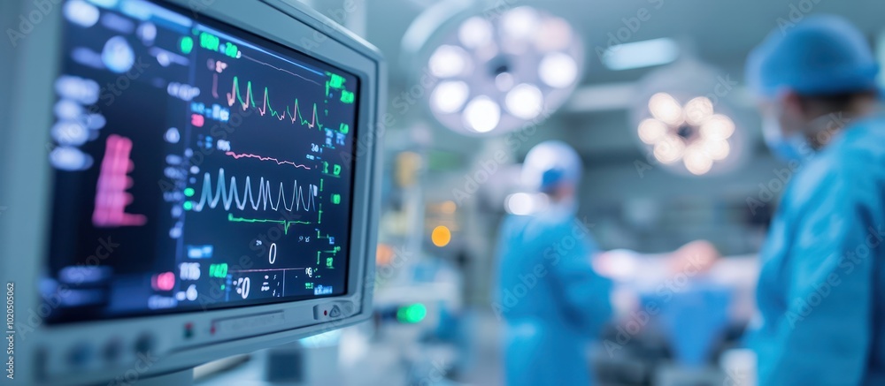 Poster a monitor with a heart rate reading in an operating room with surgeons working in the background.