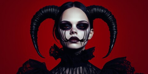 Gothic Vampire Beauty - A mesmerizing portrait of a woman adorned with elegant black horns, striking gothic vampire makeup, and a captivating red backdrop