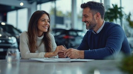 Fototapeta premium A man and woman sit at a car dealership table holding hands