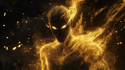 Ethereal Golden Spirit - A translucent, particle-based spirit glows with golden light against a dark, mysterious background