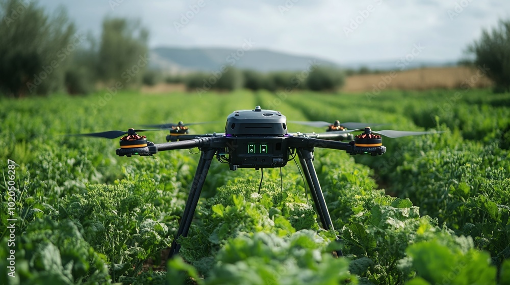 Poster smart farming innovation with an advanced autonomous robot drone equipped with ai technology and sen