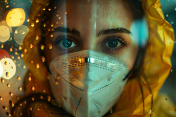 Generative AI illustration of people in biohazard protective clothes suits disinfection pollution gas radioactive elements