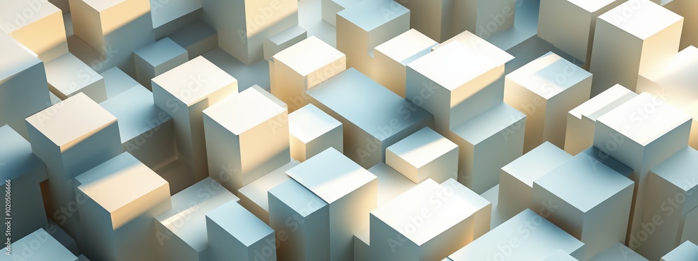 Poster abstract arrangement of varying white block structures illuminated by soft light, showcasing a moder