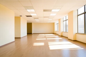 Fototapeta premium A spacious, sunlit empty office with large windows and wooden floors