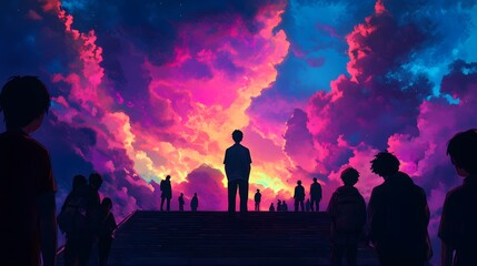 Fototapeta premium A man stands on the stairs, silhouette of people in a colorful sky background