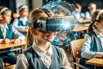 Close-up of a girl wearing virtual reality glasses. The child is in the classroom, with other students in the background. The digital interface is displayed in the headphones.