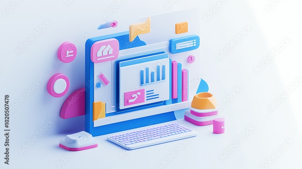 Poster a 3d illustration of a desktop computer with colorful icons and accessories