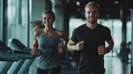Naklejka premium A man and a woman are energetically running on a treadmill at a gym