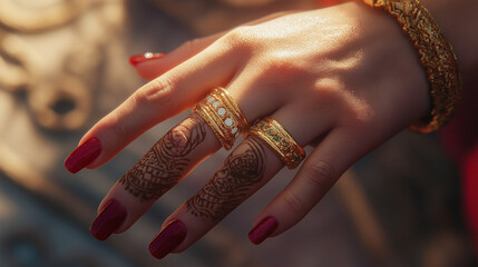 cute woman's hand and red nails with solf lighting adorned with Moroccan henna, gold jewelry bracelet