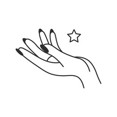 Celestial Hand Gesture Line Icon. Female open palm with long nails holding star. Esoteric mystical symbol. Doodle vector illustration