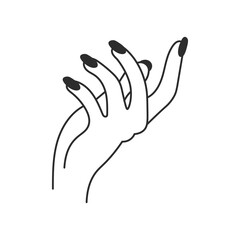 Elegant Female Hand with Long Nails. Polished symbol. Manicure line icon. Outline girl gesture vector illustration. Doodle pose.