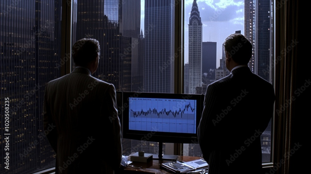 Poster two men looking out a window at a skyline with a stock chart on a monitor