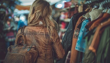 Chic woman exploring fashion choices in upscale retail boutique with trendy apparel options