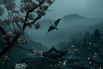 Generative AI origami crane soaring over misty Japanese village