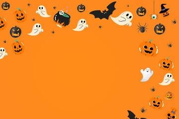 An eye-catching Halloween themed background featuring a vibrant orange background surrounded by cheerful pumpkins, fun ghosts, fluttering bats and spooky decorations.