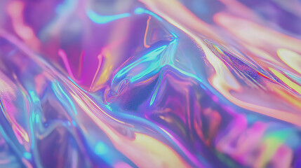 A vibrant image featuring an iridescent, holographic texture with fluid waves of pastel colors, creating a dreamy and futuristic effect