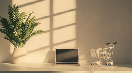 Minimalist Home Office Setup with Laptop and Shopping Cart