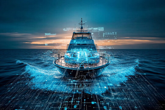 A high-tech ship cruising through water, surrounded by digital graphics representing data and futuristic technology
