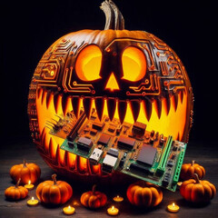 Terrifying Halloween pumpkin devours a computer's hardware component.