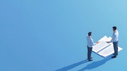 Obraz premium Isometric illustration of two businessmen shaking hands over an inked contract on the table