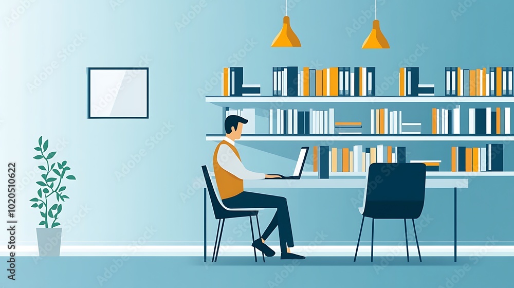 Aufkleber man working at desk in front of bookshelf with two yellow lamps