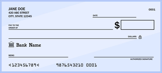 Money check blank template. Blank bank checkbook cheque - generic vector design.