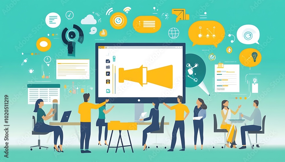 Poster team meeting with a large computer screen displaying a megaphone icon