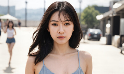 Stylish Asian Woman in Her 30s with Black Hair Taking a Calm Walk in a Busy Urban Area under Hot Sun