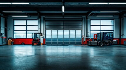 Empty Industrial Garage with a Large Roll-Up Door and Two Vehicles