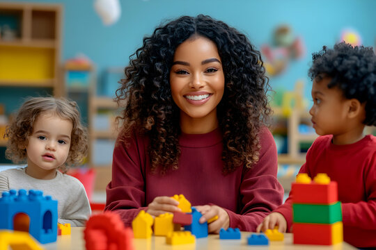 Kindergarten environment where smiling African teacher in maroon sweatshirt guides children in playful activities with colorful blocks.