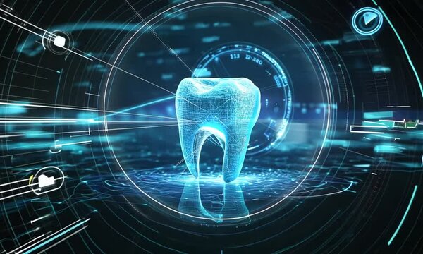 3D holographic tooth model with digital elements and data visualization.