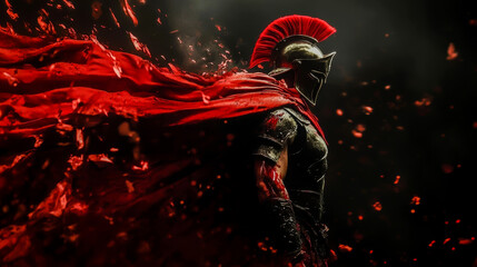 A powerful armored warrior with a red cape stands tall as embers swirl around, evoking strength, battle, and heroism in a dark, cinematic scene