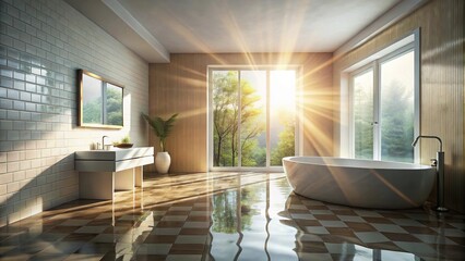 Flooded bathroom with sunlight streaming through window