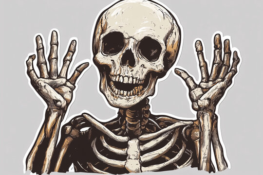 Illustration of a skeleton raising both hands, smiling playfully, with detailed bones and a light background
