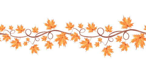 Maple leaves on branch. Autumn seamless border. Fall repeat pattern to Thanksgiving or Halloween. Hand drawn watercolor illustration isolated. Template background for wrapping, paper, website header.