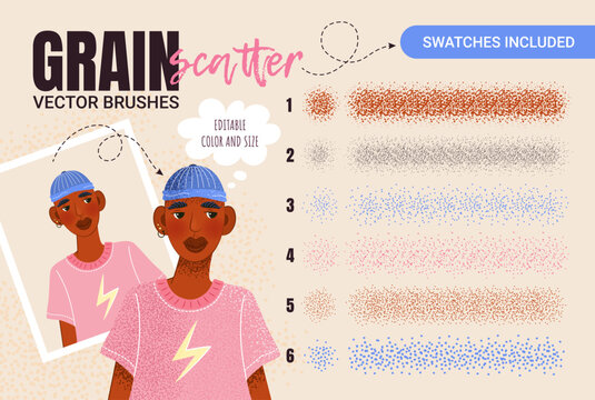 Grain scatter brushes. Set of abstract grunge brushes. Creative collection with noise effect, grunge texture, paint splash, halftone. Basic kit and brush strokes. Swatches included. Editable brushes.