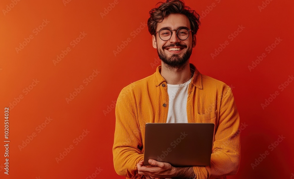 Aufkleber smiling man with glasses using a laptop, enjoying work and productivity in a vibrant red setting