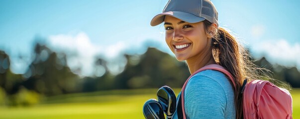 Smiling woman in golf attire enjoying a sunny day on the golf course, carrying her clubs with determination and joy