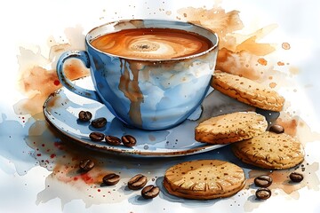 A cozy scene featuring a steaming cup of coffee beside delicious cookies on a rustic plate, complemented by artistic splashes of color.