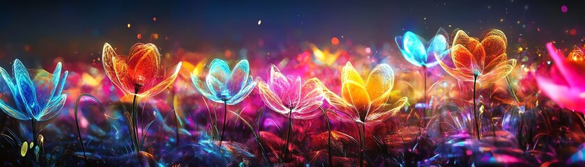 Colorful glowing flowers in a vibrant display