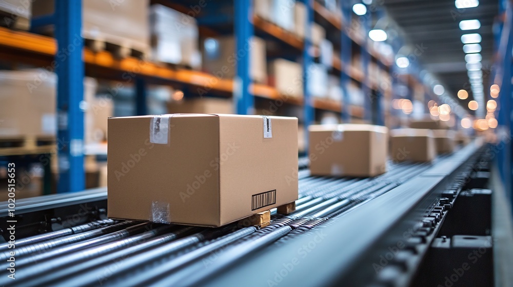 Poster boxes on a conveyor belt in a high-tech automated warehouse showcasing efficient logistics automated