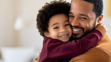 An African father lovingly hugs his son at home, their faces lit up with contentment and joy. Father's day, hug day concept. Copy space.