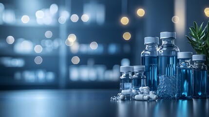 A serene display of blue vials and pills set against a softly lit background, suggesting a calm and modern pharmacy or wellness scene.